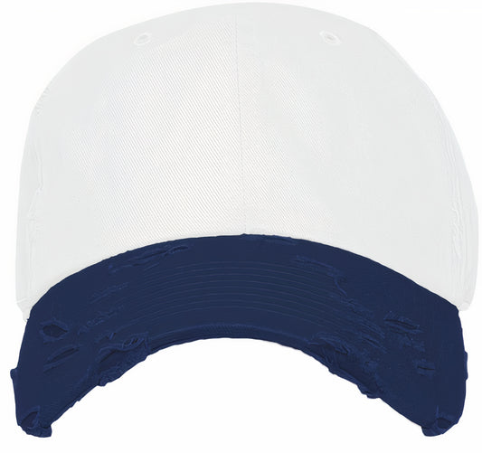 Blank Dad Hat - 2Tone White Navy Blue Distressed Baseball Cap