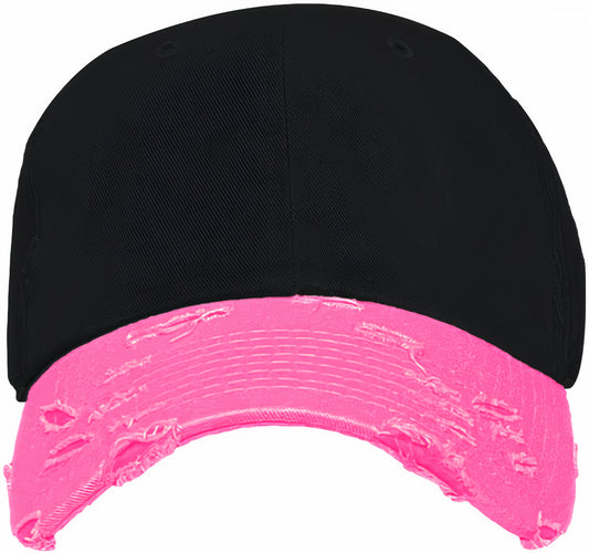 Blank Dad Hat - 2Tone Black Neon Pink Distressed Baseball Cap